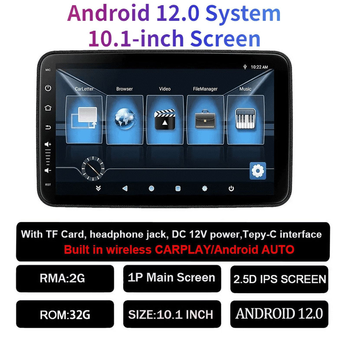 10.1'' Headrest Monitor Wireless Carplay Android 12 2G+32G Auto Car Rear Seat Video Player FM Bluetooth AirPlay Input Full Touch Screen