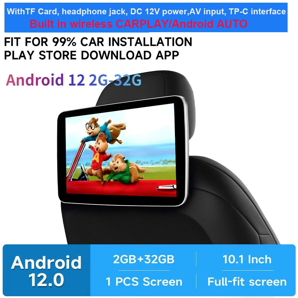 10.1 Inch Headrest Monitor Monitor IPS Android 12 Touch Screen For Car Rear Seat Player Video Music Bluetooth CARPLAY/Android AUTO