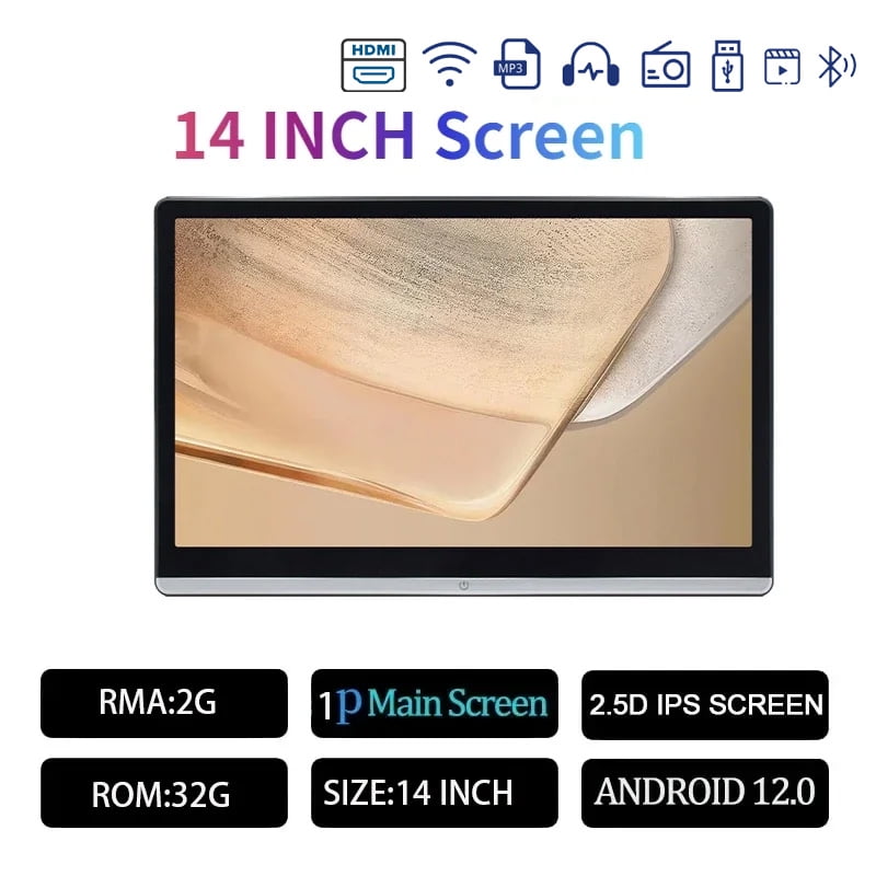 14 inch IPS Monitor Car Headrest Monitor Dual HDMI Android 12 2G+32G Touch Screen For Car Rear Seat Player Video Music FM BT WIFI