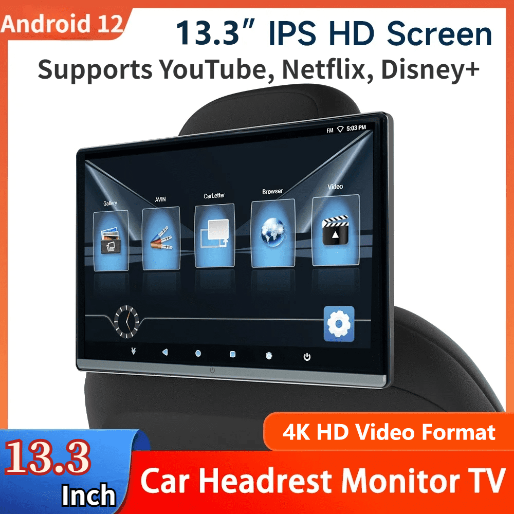 13.3 INCH Dual HDMI 4G+64G Car Headrest Monitor Screen IPS Android 12 Touch Screen For Car Rear Seat Player