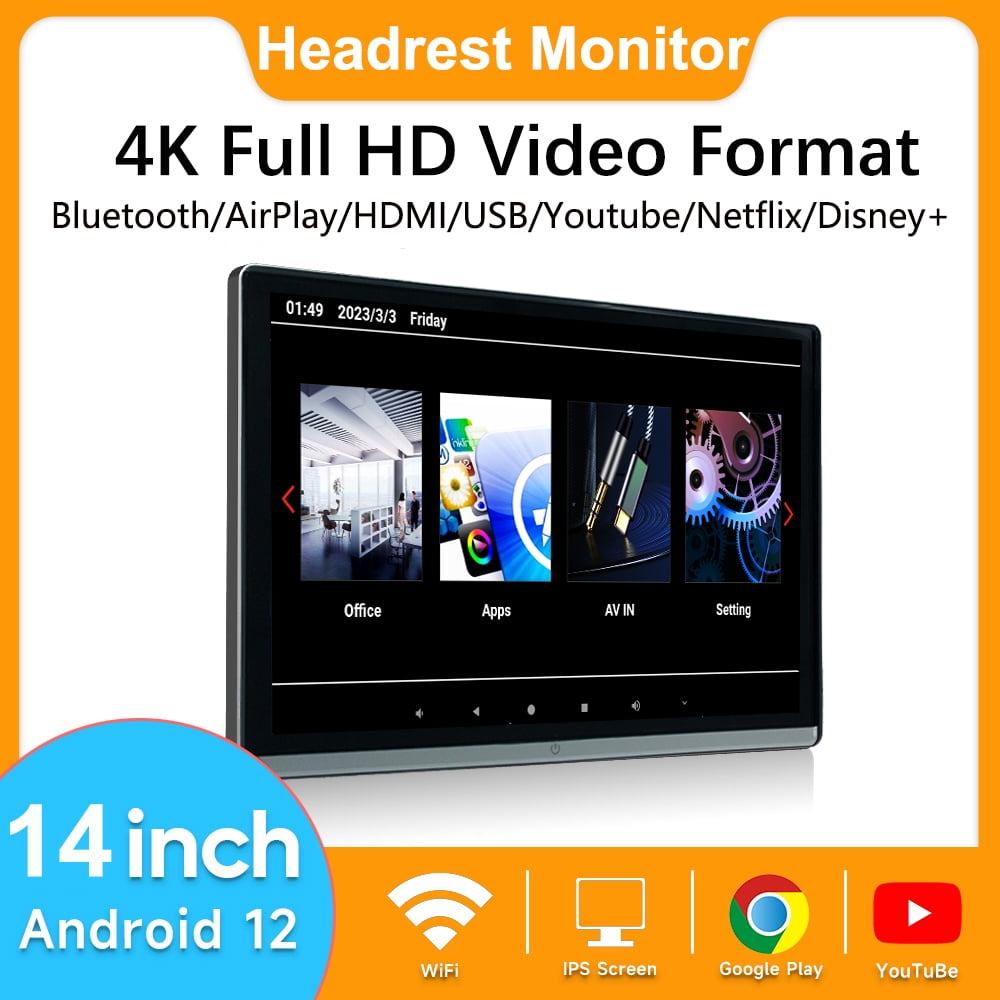 14¡®¡¯ Headrest Monitor Panel IPS Android 12 Touch Screen For Car Rear Seat Player Video Music FM Bluetooth AirPlay HDMI