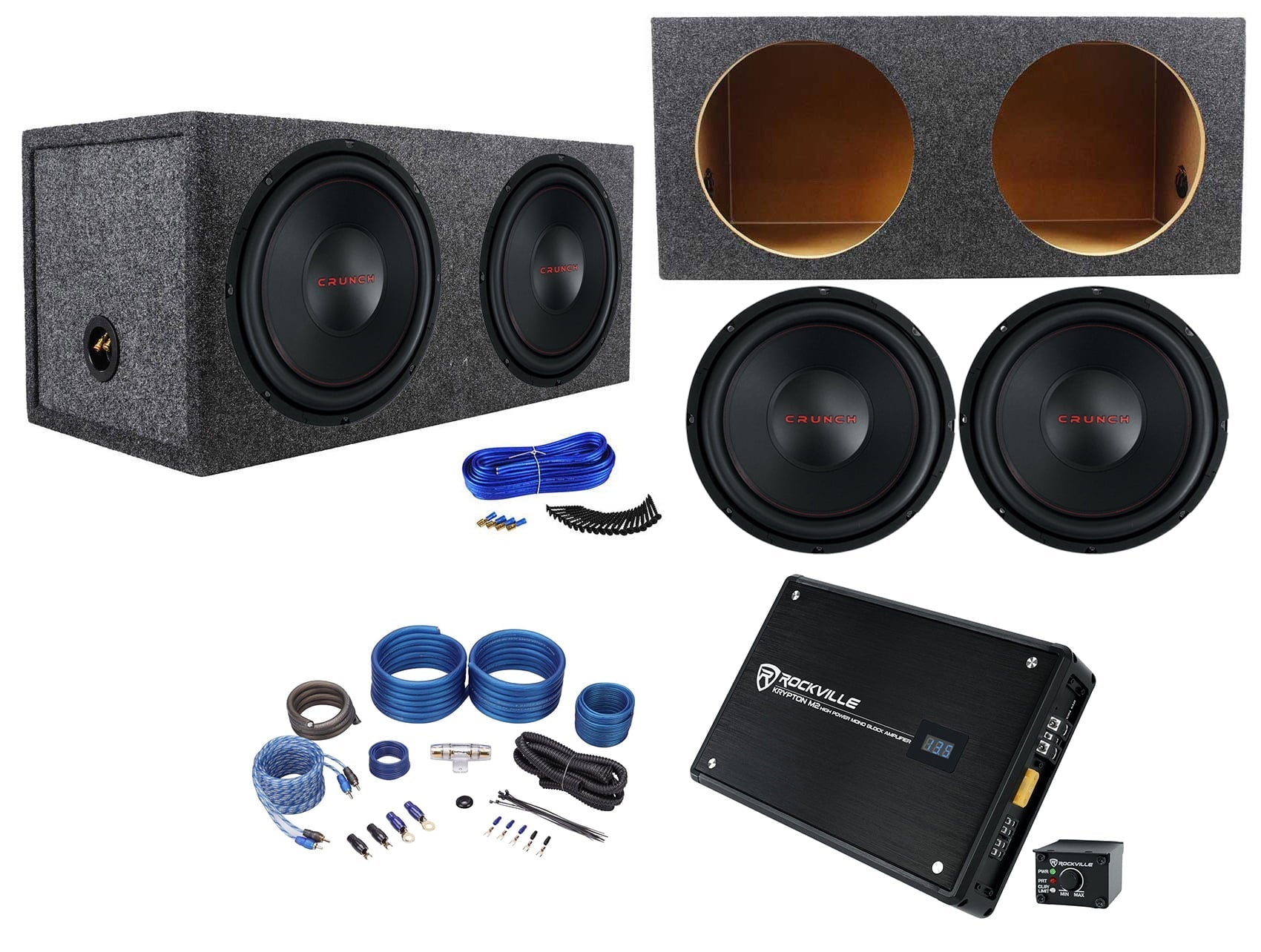 (2) Crunch CRW12D4 12800w Subwoofers+Sealed Sub Box+Mono Amplifier+Amp Kit