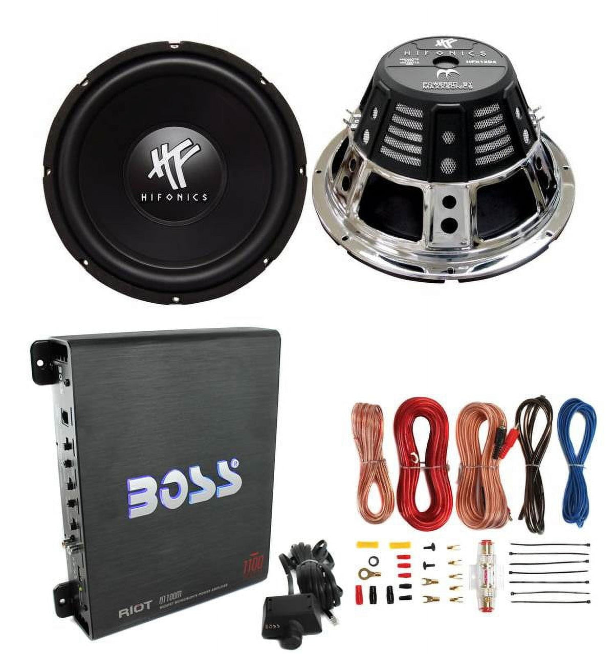 2) HIFONICS HFX12D4  121600W Car Audio DVC Subwoofers +Mono Amplifier+Amp Kit