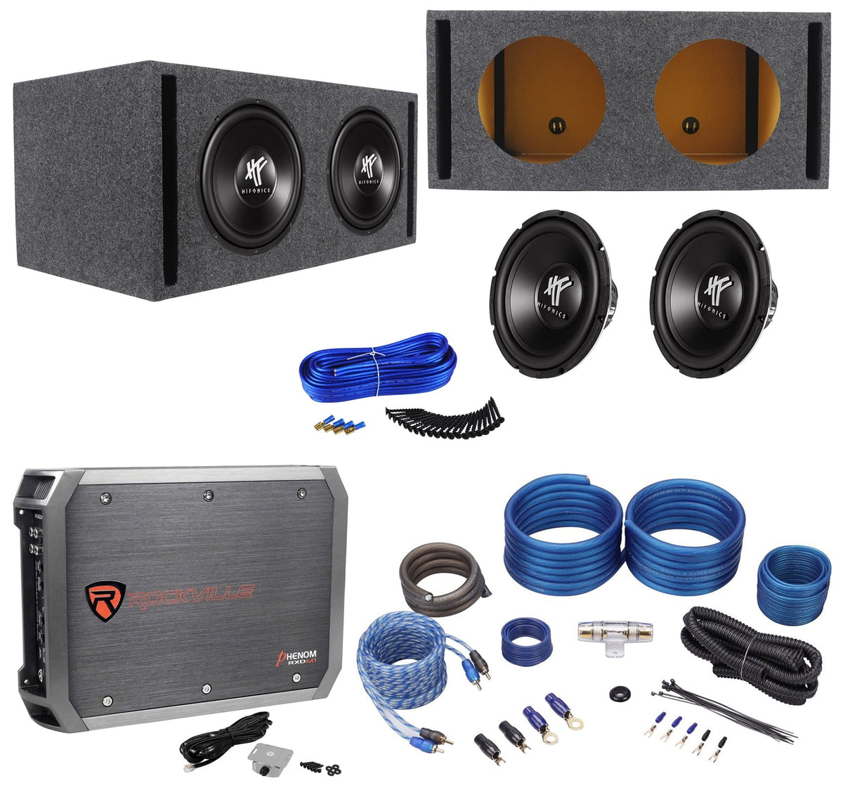 2) Hifonics HFX12D4 121600w Car Subwoofers+Vented Sub Box+Mono Amplifier+Wires