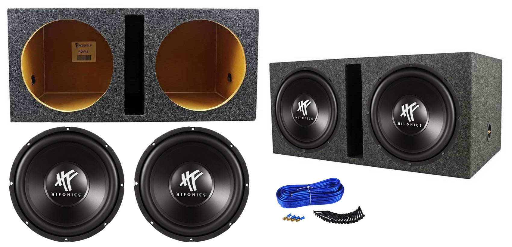 (2) Hifonics HFX12D4 121600w DVC 4-Ohm Car Subwoofers+Vented Sub Box Enclosure