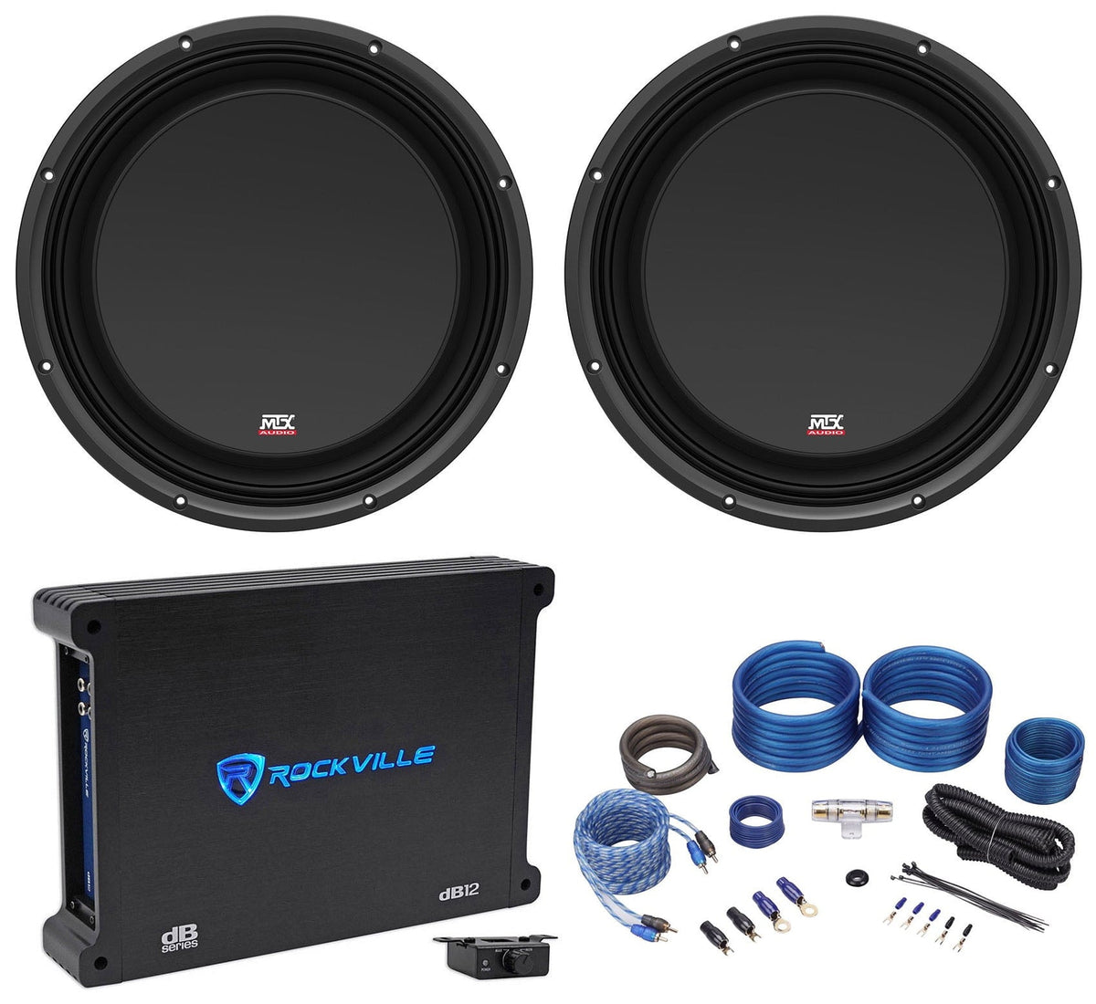 (2) MTX 3512-04S 121200 Watt Shallow Slim Subwoofers Subs+Amplifier+Amp Kit