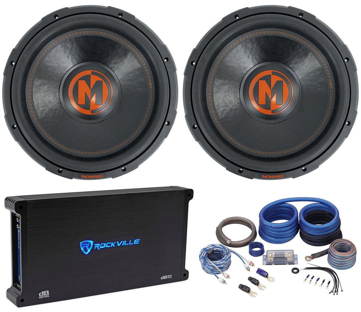 2 Memphis Audio MJP1522 151500 Watt MOJO Car Subwoofers+Mono Amplifier+Amp Kit