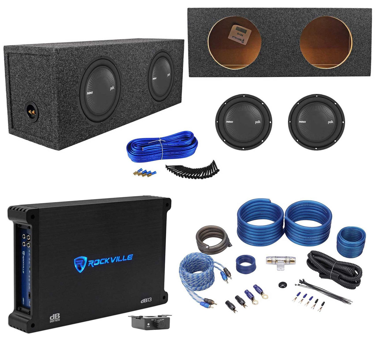 2) Polk Audio MM1042SVC 10 2400w Subwoofers Bundle with Sealed Sub Box, Mono Amplifier & Wires