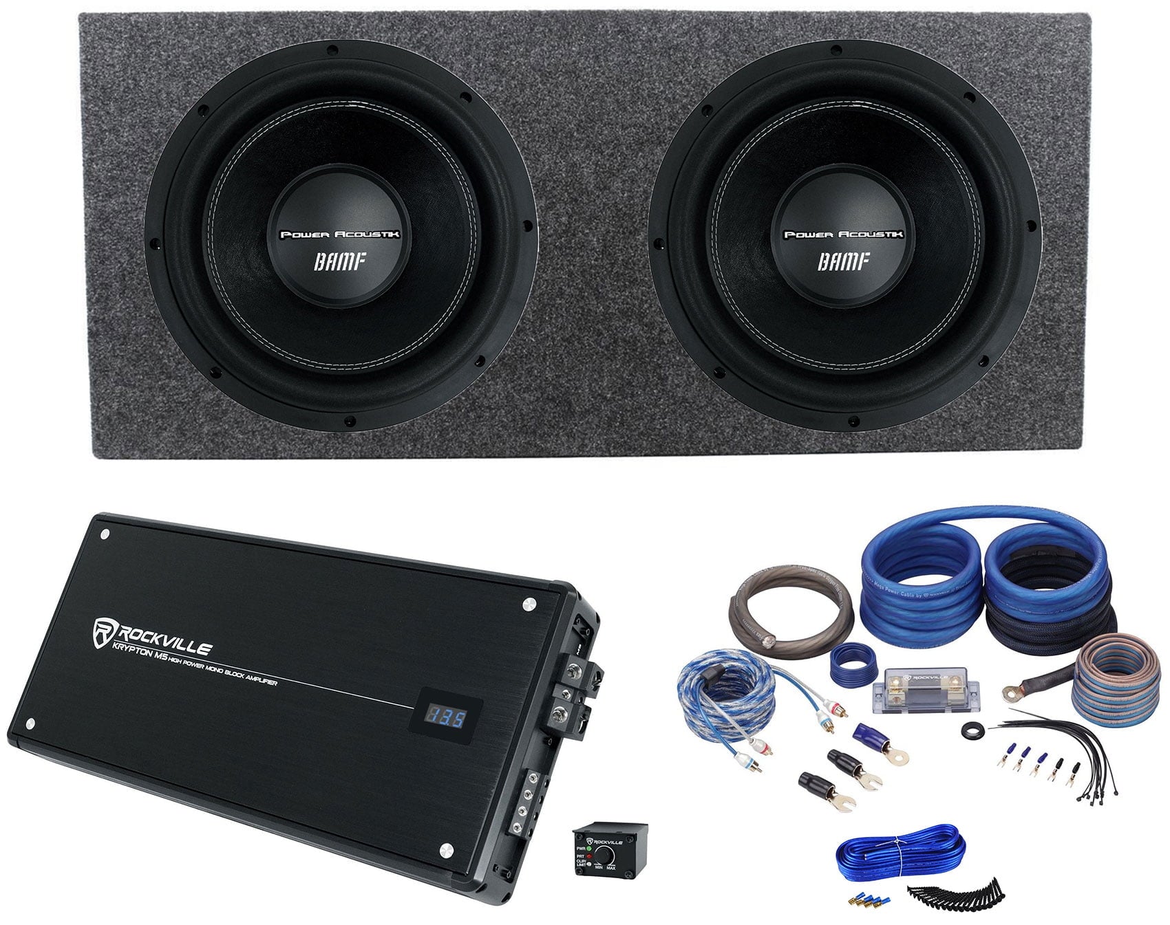 2) Power Acoustik BAMF-124 123500w Subwoofers+Sealed Sub Box+Amplifier+Amp Kit