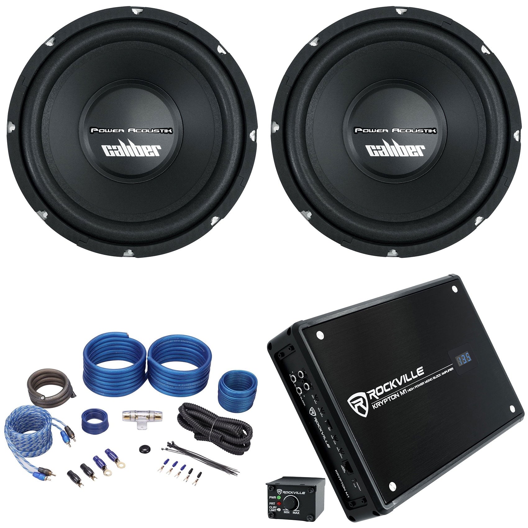 (2) Power Acoustik CBW-124 121500 Watt Car Subwoofers+Mono Amplifier+Amp Kit