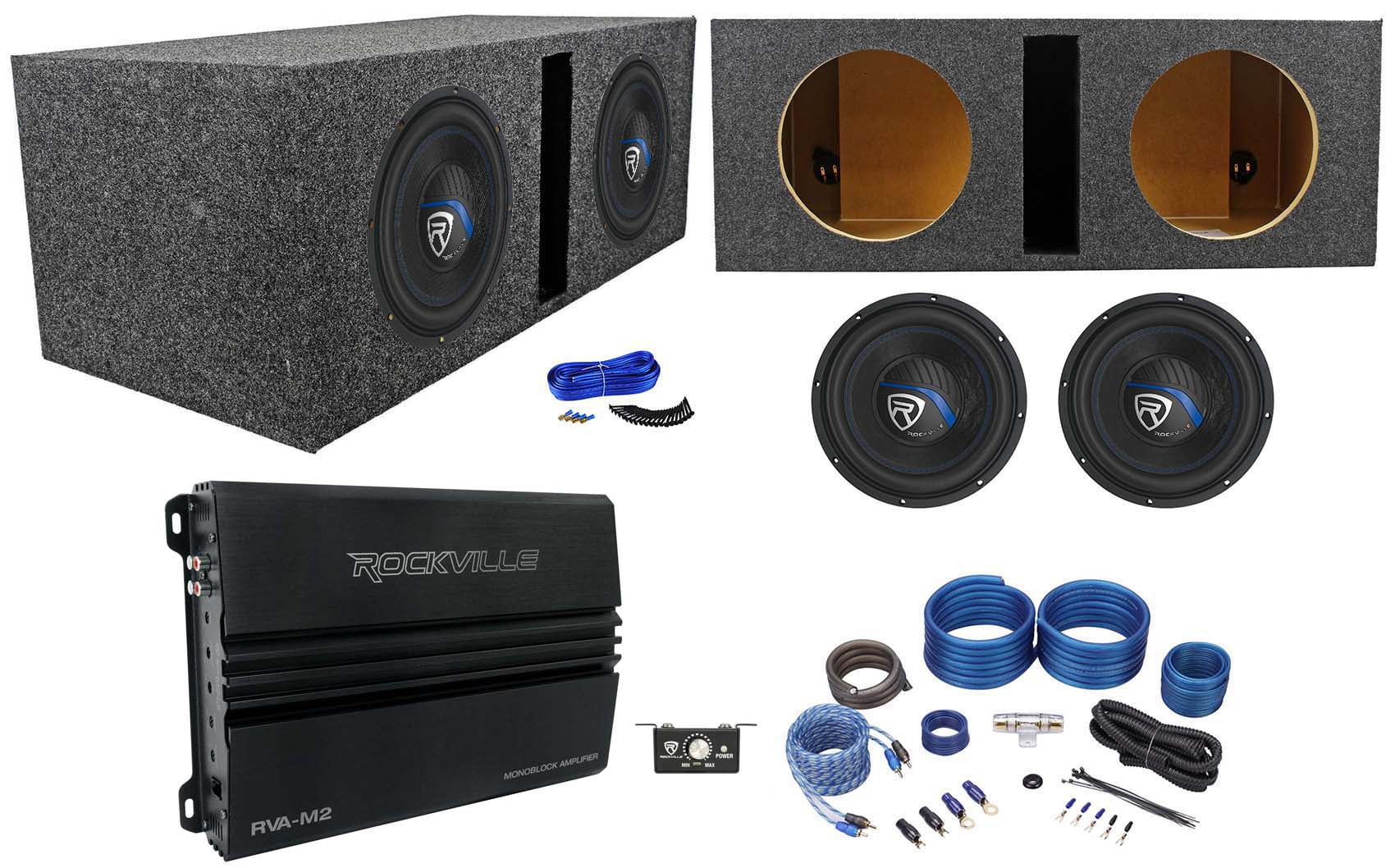 2) Rockville K5 W10K5S2 101200w Subwoofers+Vented Sub Box+Mono Amplifier+Wires