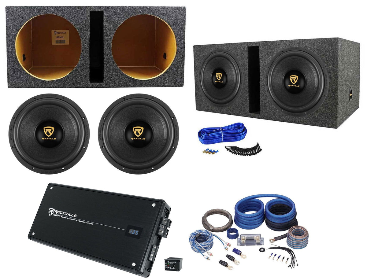 (2) Rockville W12K9D4 128000w Subwoofers+Vented Sub Box+Mono Amplifier+Amp Kit