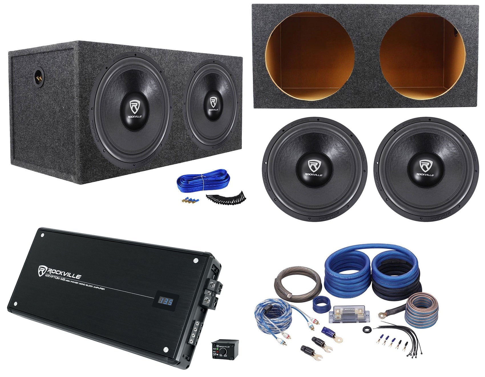 (2) Rockville W15K6D4 V2 158000w Subwoofers+Sealed Box+Mono Amplifier+Amp Kit