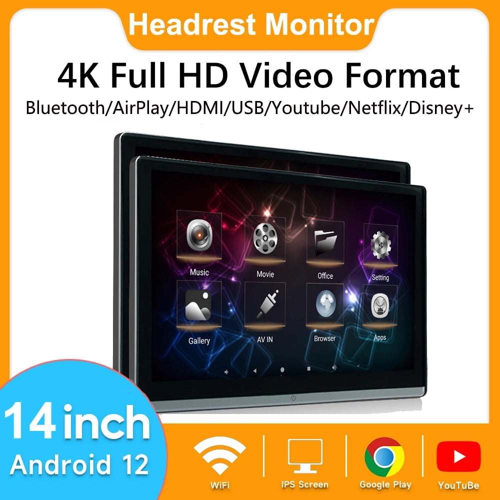 (2 pcs)14  inch 4G+64G Car Headrest Monitor Monitor IPS Android 12 Touch Screen For Car Rear Seat Player  AirPlay  HDMI