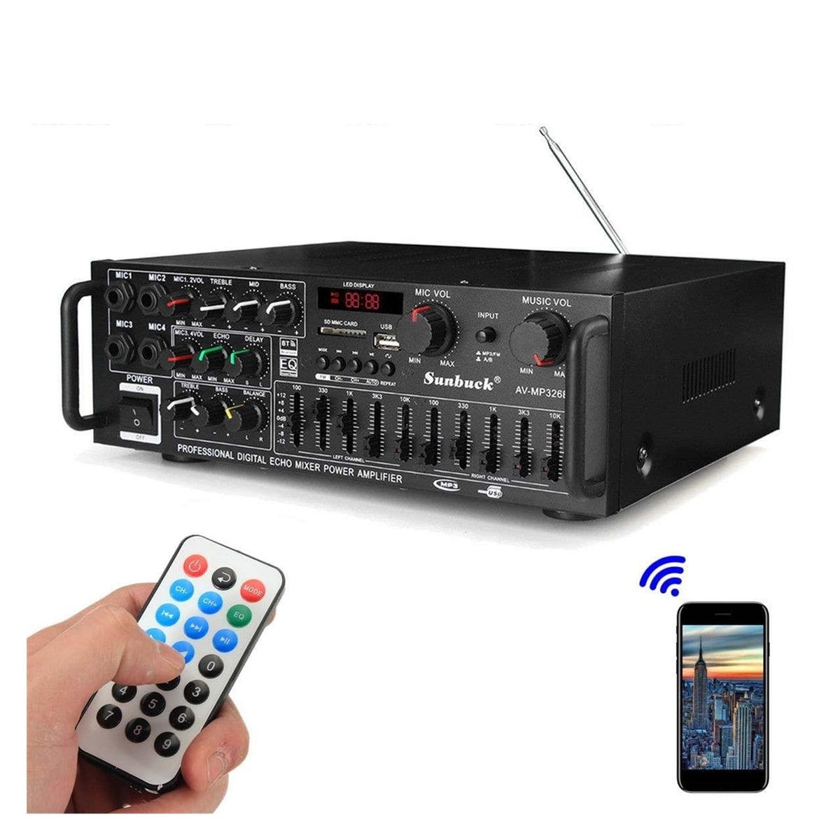 2000W 5.0 Bluetooth 2 Channel Audio Power HiFi Amplifier 326BT AV Amp Speaker With Remote Control 4 Micro For Car Home