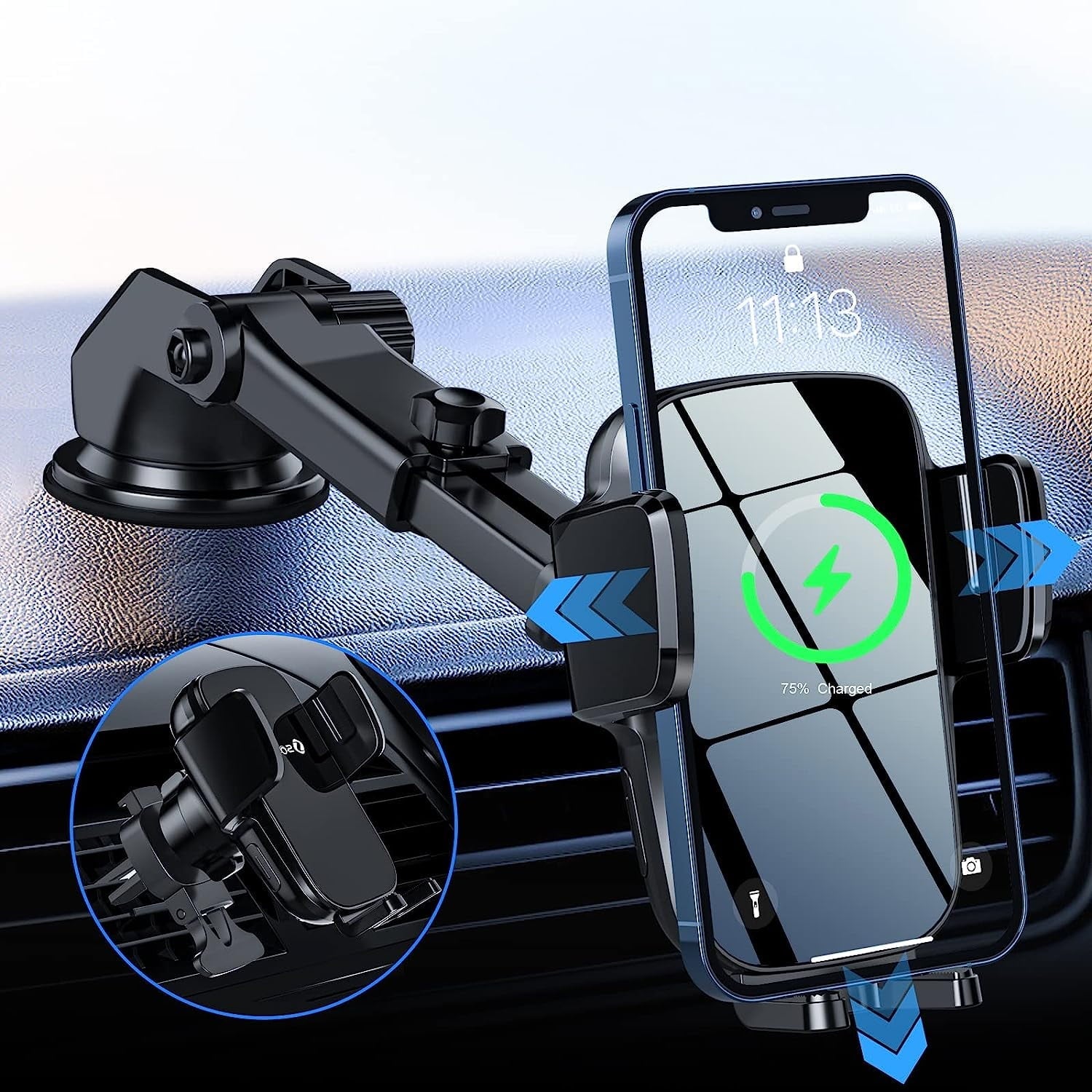 3 in 1 Wireless Car Charger, 15W Smart Sensor Auto Clamping Air Vent Dashboard Windshield Car Phone Charging Holder Mount, Compatible for iPhone, Samsung, Google, LG, etc