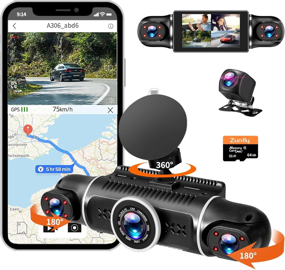 Dedaqian 360 Dash Cam Front And Rear Inside 4 Channels FHD 4 x 1080P Wi-Fi GPS Car Camera, Free 64GB SD Card, Night Vision