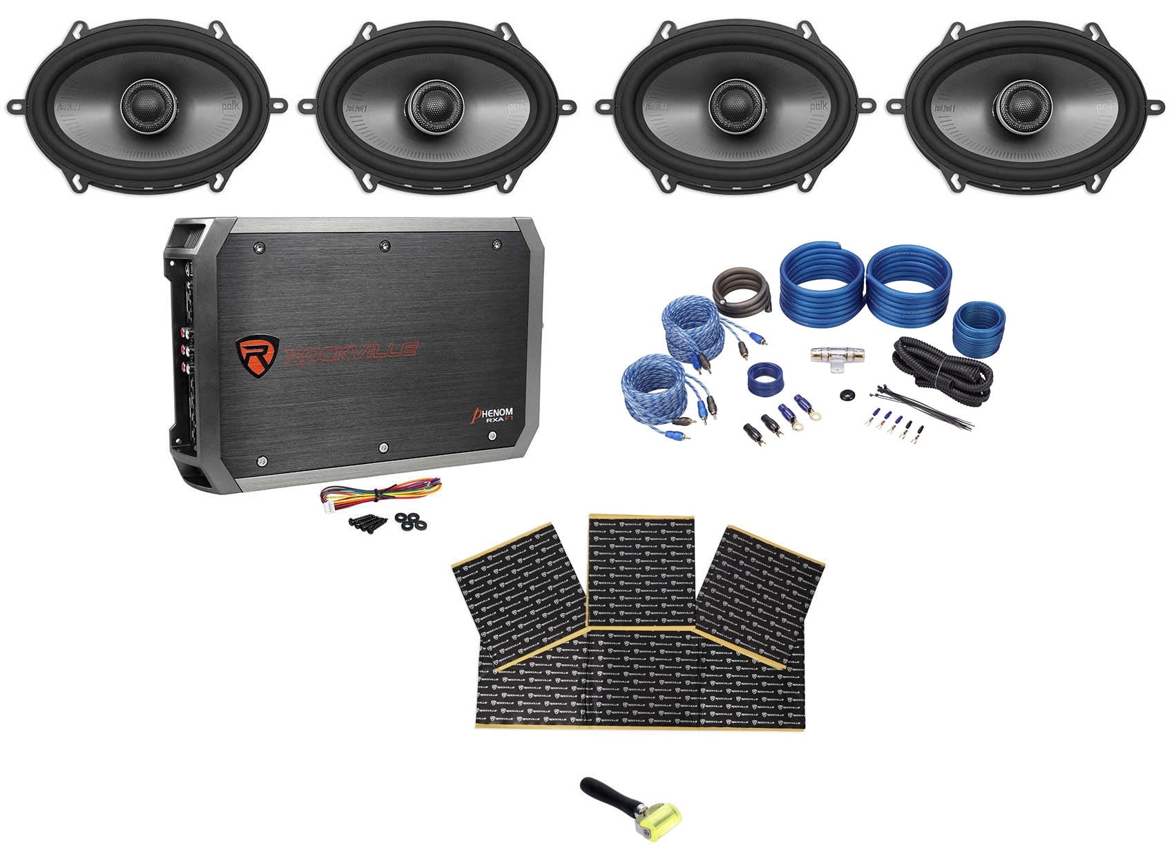 (4) Polk Audio MM572 5x7 1200 Watt Car Speakers Bundle with 4-Ch Amplifier, Wires & Rockmat