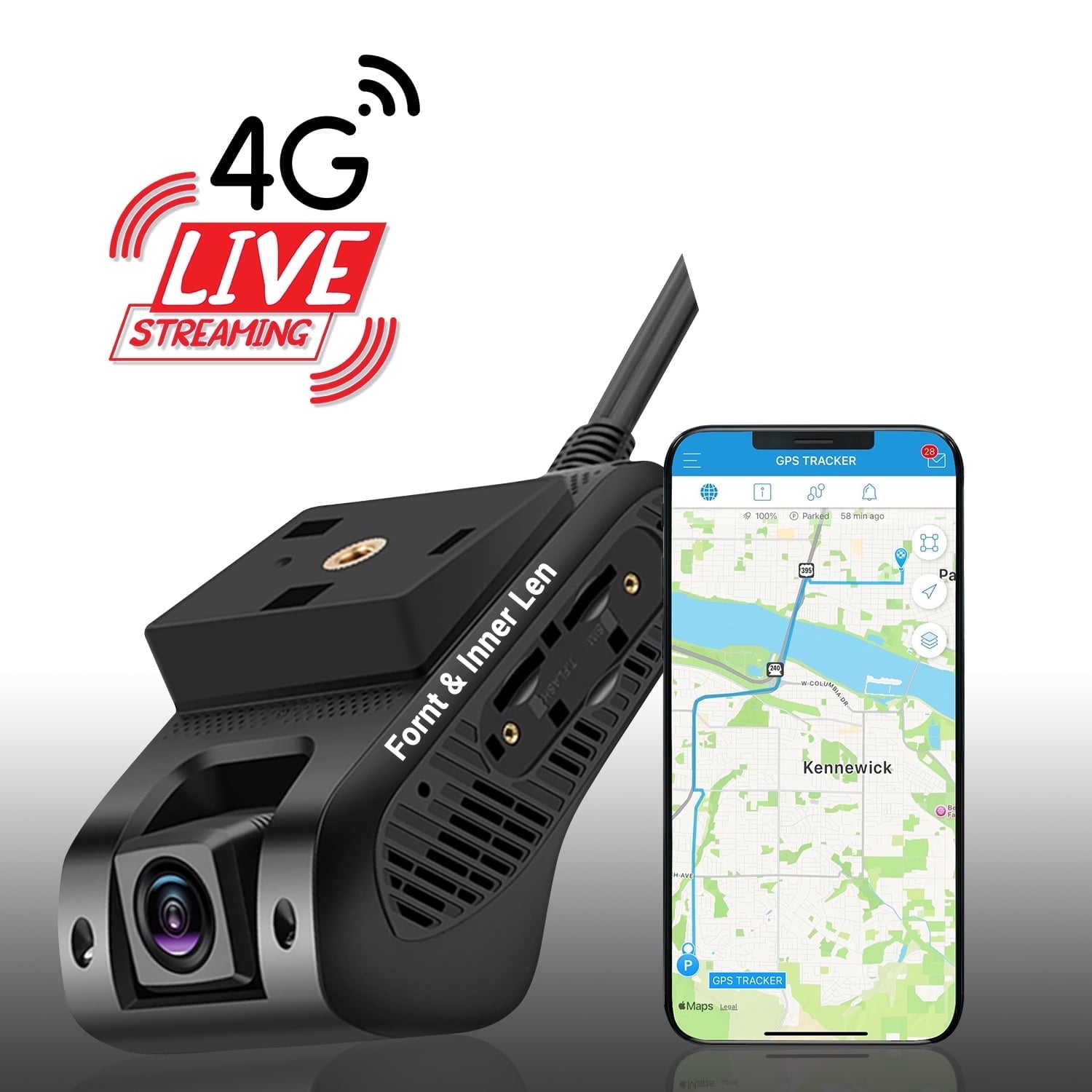 DCAM02 4G Dash Cam Front Rear - Built-in GPS Dash Camera for Cars, 1080P Car Camera with 128GBSDCard, GPS Tracking, G-Sensor Real-Time Video Viewing