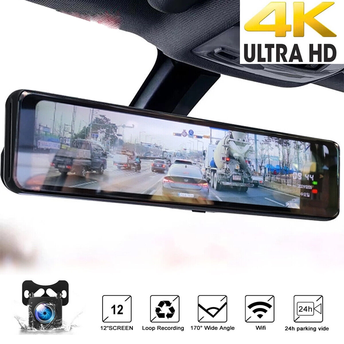 4K 12Car Dual Dash Cam, Dual Camera Front and Rear Backup Camera Waterproof Super Night Vision, Parking Monitoring, Reversing Assistance