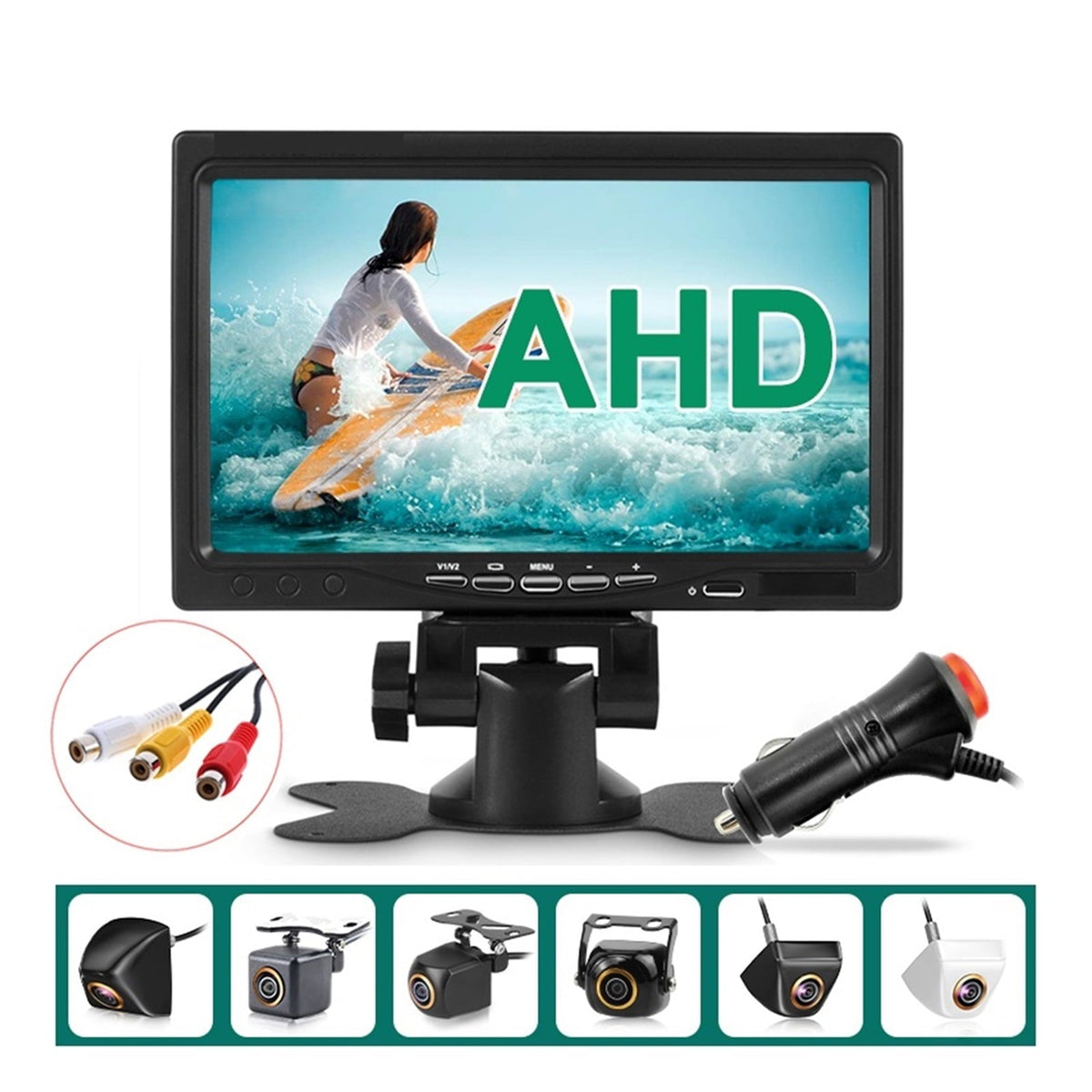 AHD 1080P 7 Inch IPS Screen Car Video Monitor Camera CCTV Surveillance Parking System With Cigarette Lighter Power Supply