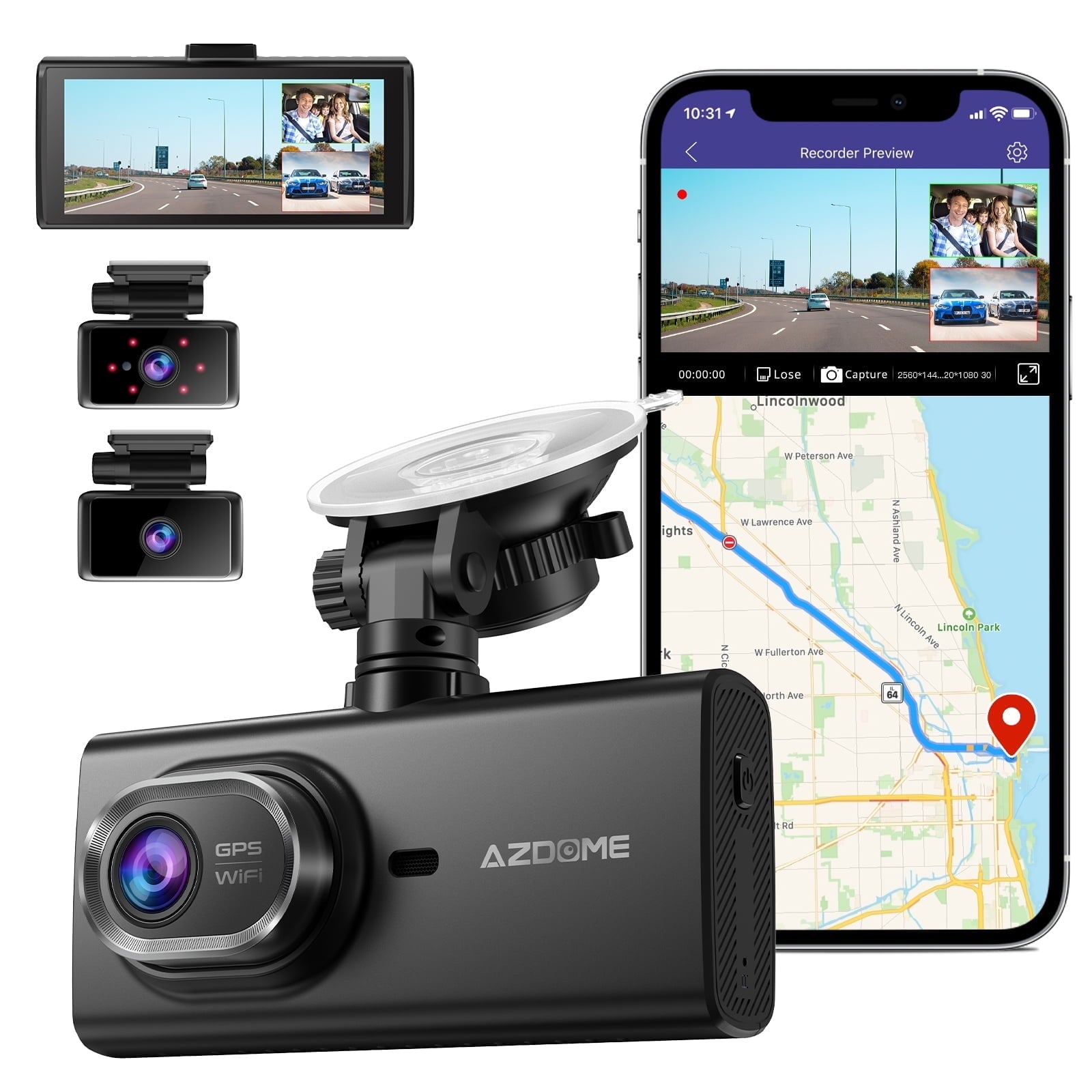 AZDOME 3 Channel Dash Cam, 4k Dash Camera Front and Rear, Dashcam Three Way with 4IPS Touchscreen, Triple Car Camera with eMMC 128GB, IR Night Vision, G-Sensor, Parking Monitor