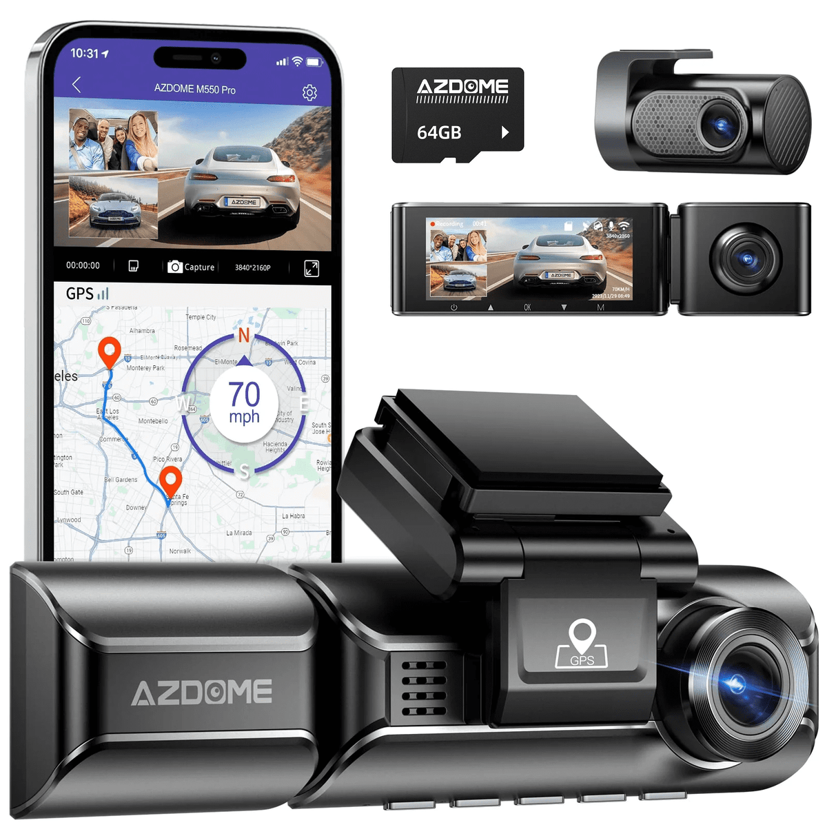 AZDOME 5G WiFi 3 Channel 4K Dash Cam for Car, Free 64GB Card Dash Camera Front and Rear 3.19IPS Screen, Front and Rear Inside 2K+1080P+1080P, 24H Parking Mode IR Night Vision G-Sensor GPS