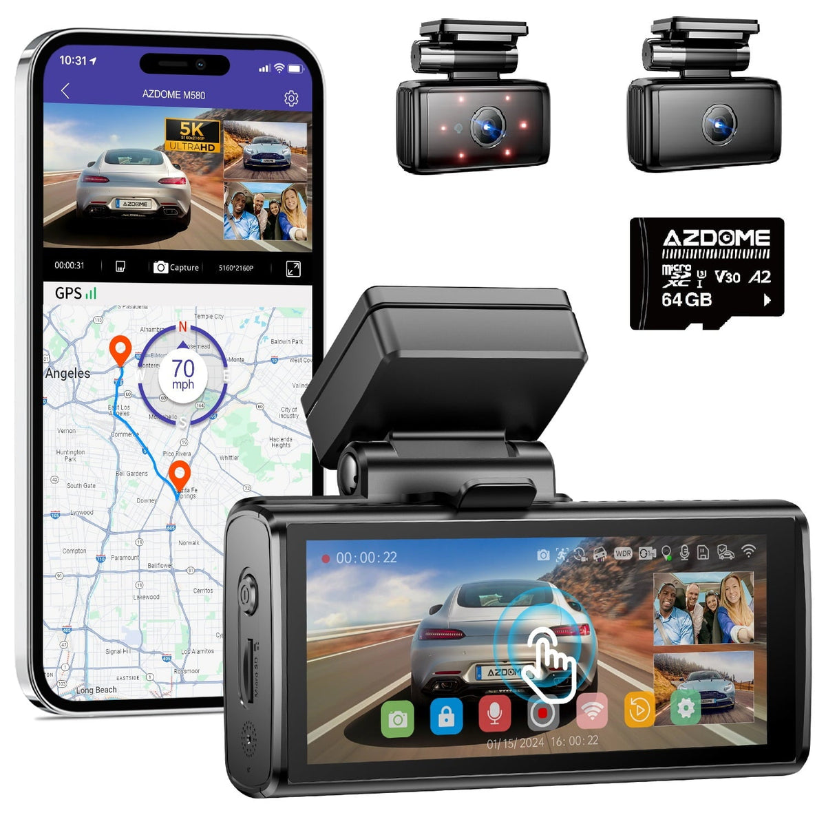 AZDOME Car Dash Cam 3 Channel, 5K Dash Camera Front and Rear Inside 4K+1080P+1080P, Dashcam with WiFi & 64GB Card, IR WDR Night Vision, 4Touchscreen GPS 24H Parking Mode G-Sensor Loop Recording