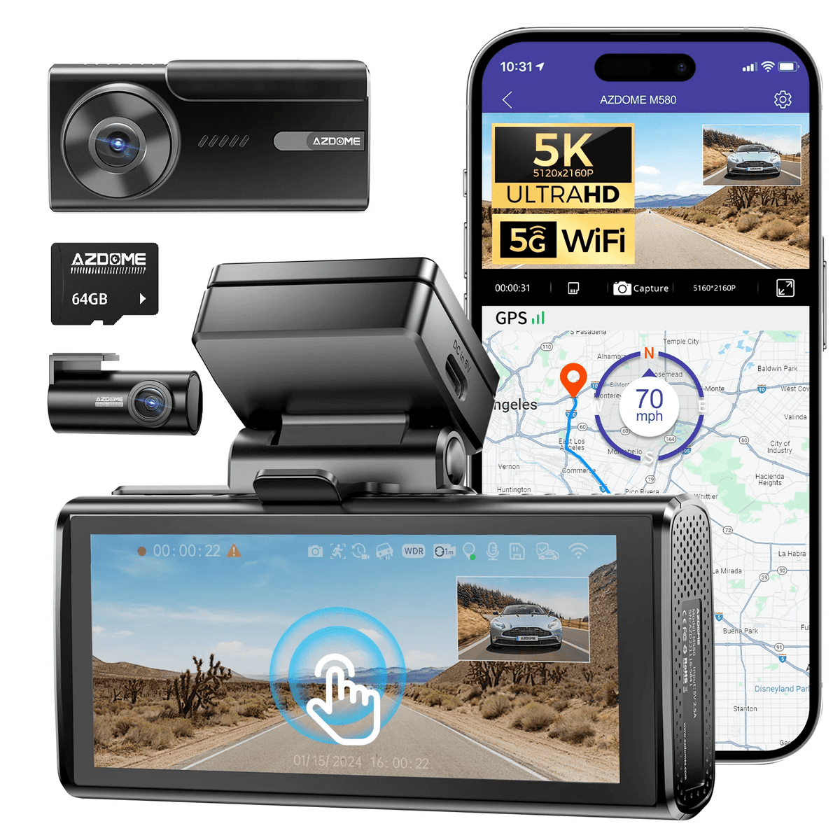 AZDOME M580 5K 5GHz WiFi Dash Cam Front and Rear, 4 Inch Touchscreen Dash Camera for Cars, Free 64GB Card Dash Camera 4K+1080P GPS WDR Night Vision 24H 4 Modes Parking Monitor