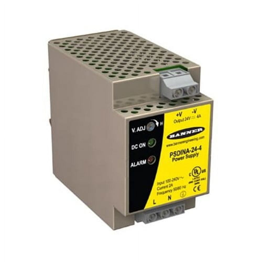 BANNER ENGINEERING PSDINA-24-4, DIN-Mount Power Supply, 85-264 VAC Input, 24 VDC Adjustable 10%, 4 A, 76809