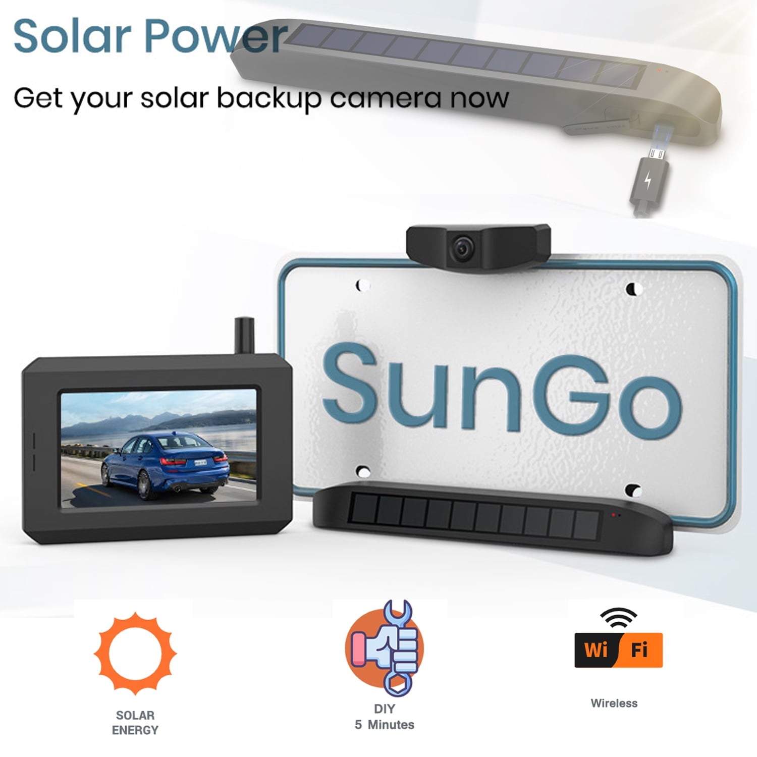 BOSCAM Solar Wireless Backup Camera, Digital Wireless Rear View Camera Car Back Up Camera Systems, Vehicles License Plate Reverse Camera for Trailer