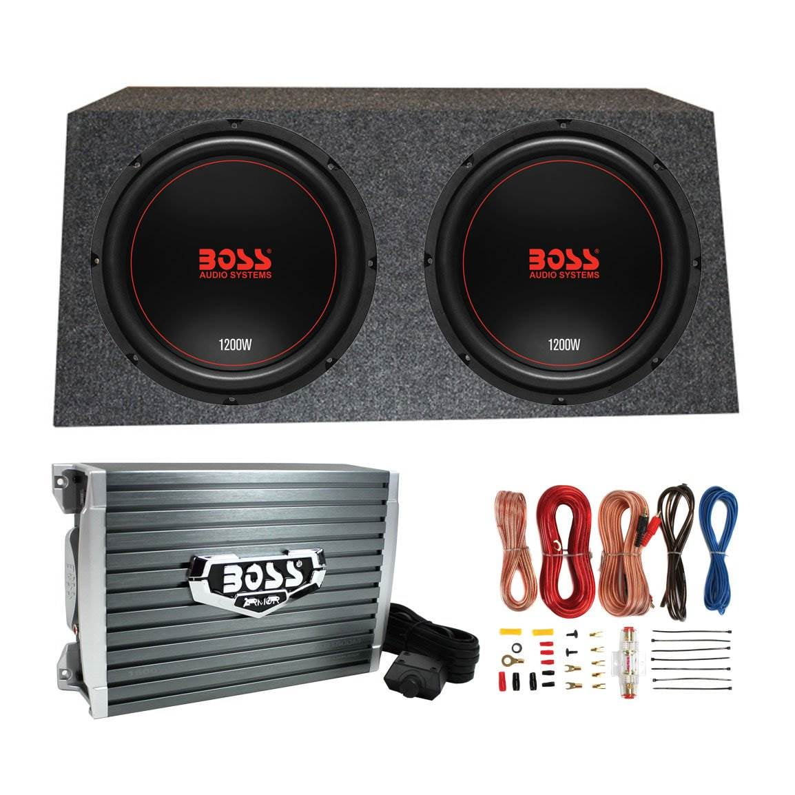 Boss Chaos Exxtreme 121200W 4 Ohm Subwoofer (Pair) w/ Box, Amplifier & Wiring