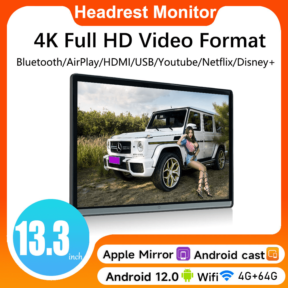 Car Headrest Monitor 13.3 inch 4G+64G IPS Panel Android 12 Touch Screen For Car Rear Seat Player Video Dual HDMI