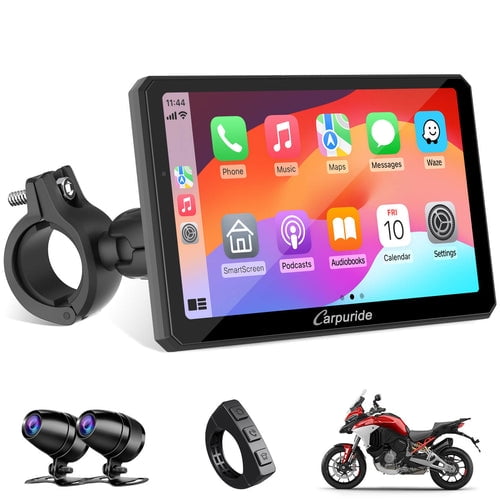 Carpuride W712D Wireless Carplay Android Auto Waterproof IP67 Motorcycle Stereo, with HD Dual Cameras Support screen horizontal and vertical rotation