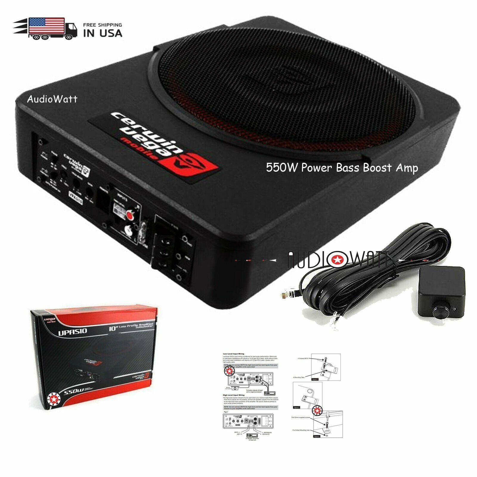 Cerwin-Vega VPAS10 550W 10Slim Under Seat 2-ohm Subwoofer Powered MOSFET Amp Bundle
