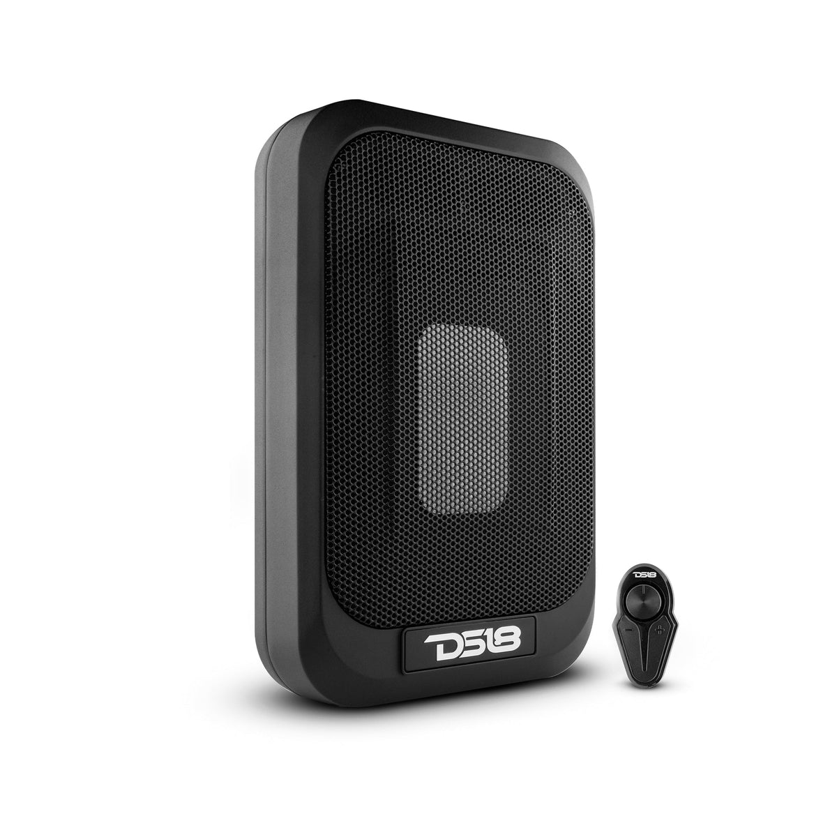DS18 SQBASSX2 Under-Seat 7-In. x 9-In. 1,200-Watt-Max Amplified Subwoofer with Passive Radiator and Bass Remote