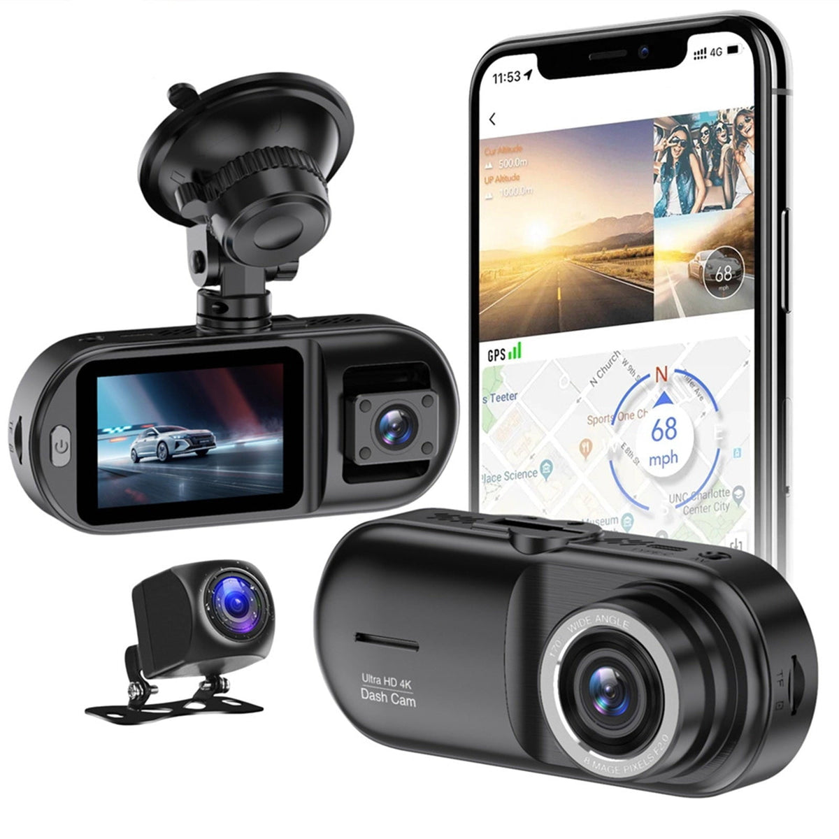 Dash Camera for Cars, Dash Cam Three Recording Driving Recorder High-definition 4K WiFi Reversing GPS Trajectory Car Recorder