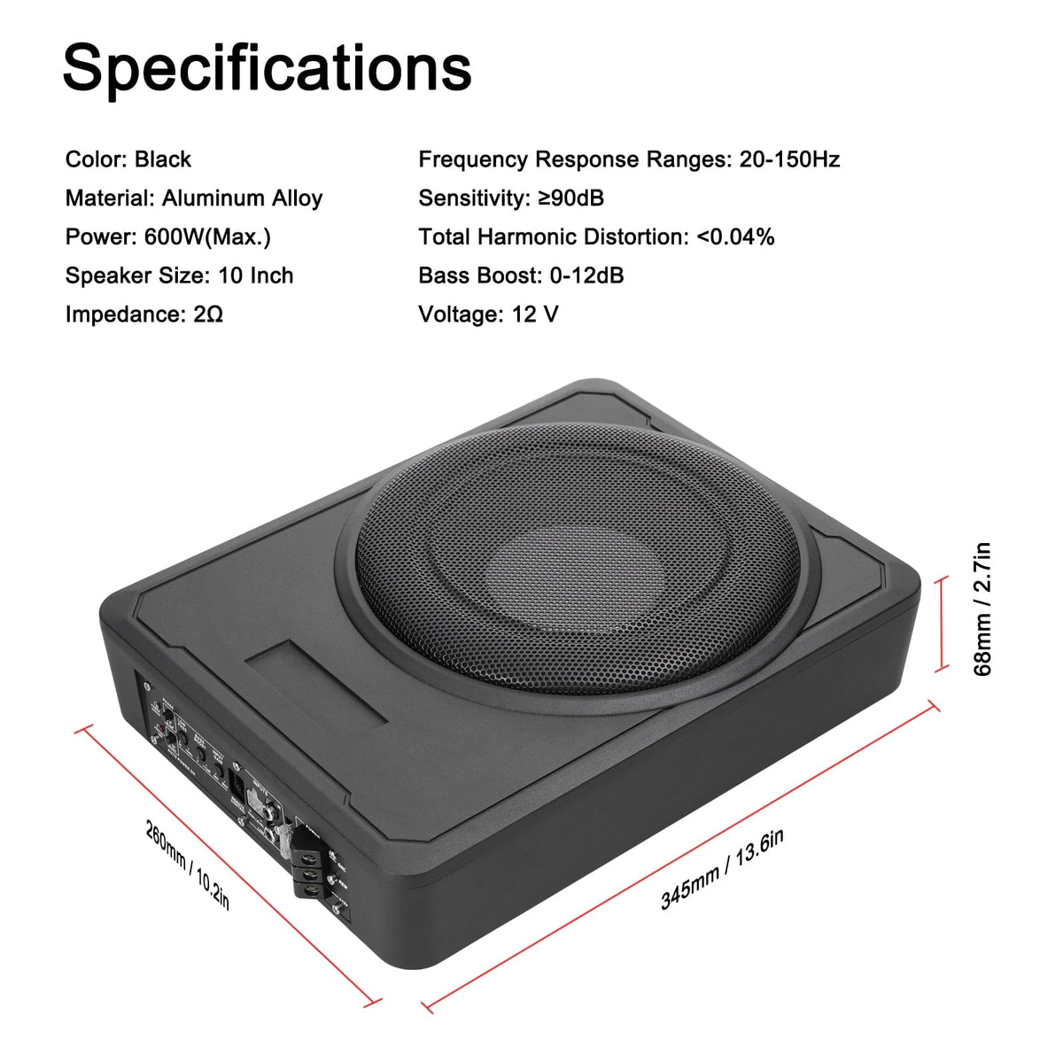 Dazzduo 10, 600 Watts 2 Ohm Built In Amplifier Subwoofer, High Power, Black