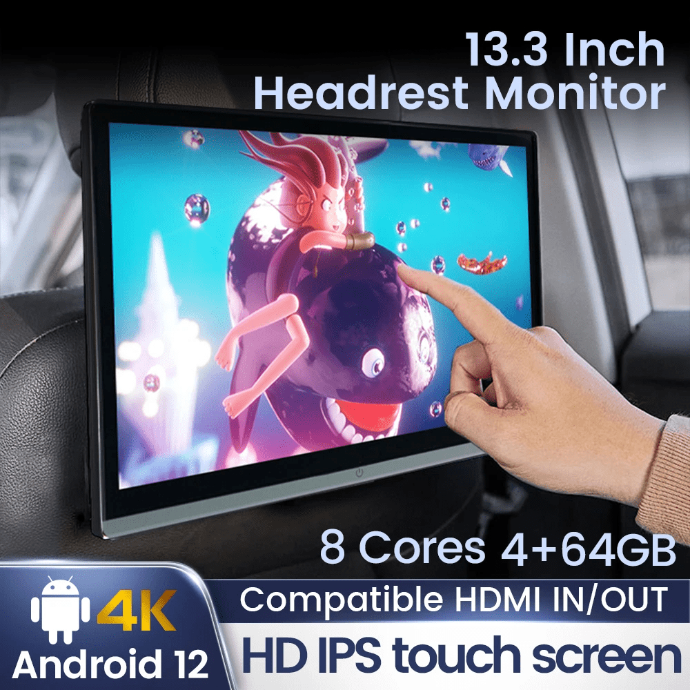 Dual HDMI 13.3 inch 4G+64G IPS Monitor Car Headrest Monitor Android 12 Touch Screen For Car Rear Seat Player Video Music FM BT WIFI