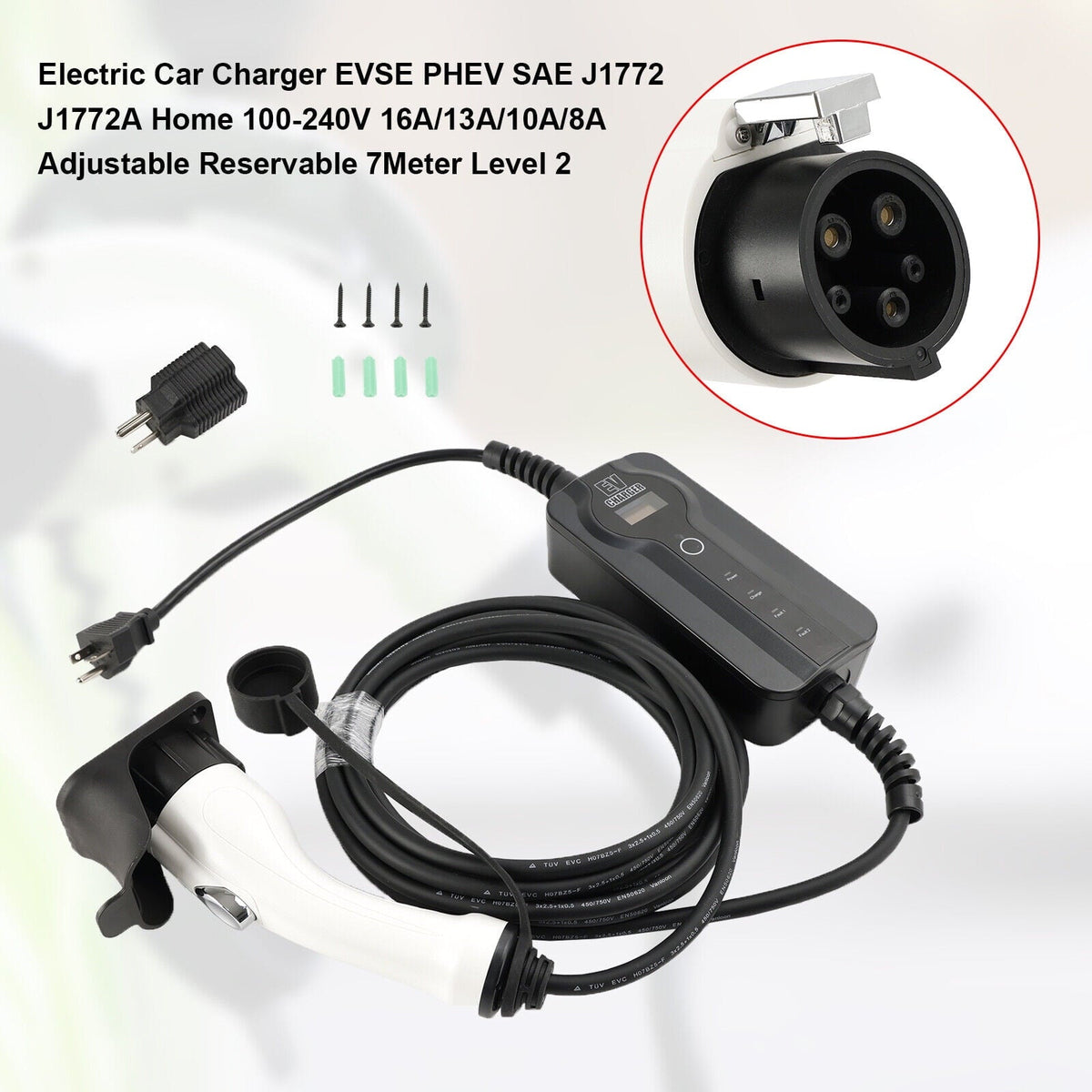 Electric Car Charger EV J1772 J1772A Home 100-240V 16A Adjustable 7Meter Level 2
