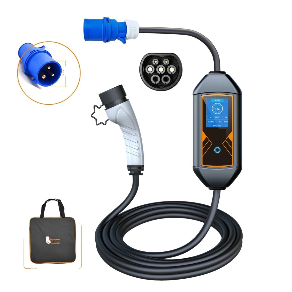 Electric Car Charger, Portable EV Charger Type2 Cable 32A 7KW with CEE EVSE Type1 Charging Box j1772 Adapter for Electric Vehicle
--------
Wall Charging Unit