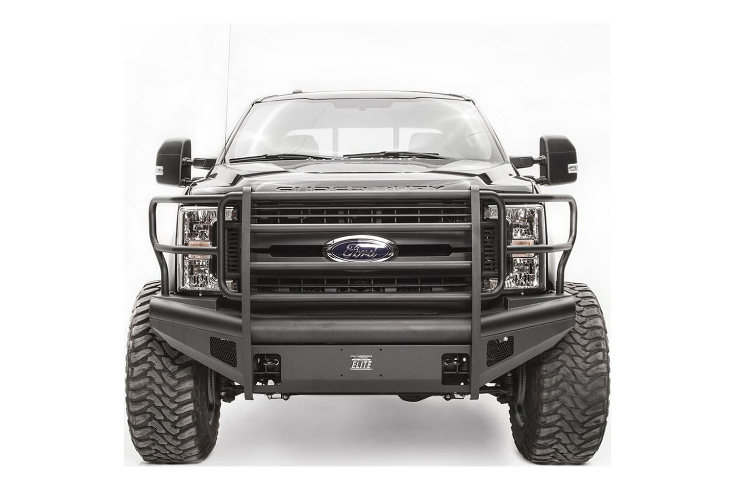 FAB FOURS 17 FORD SUPER DUTY FRONT ELITE RANCH BUMPER W/ FULL GUARD (F250-F550) W/ TOW HOOKS MATTE BLACK