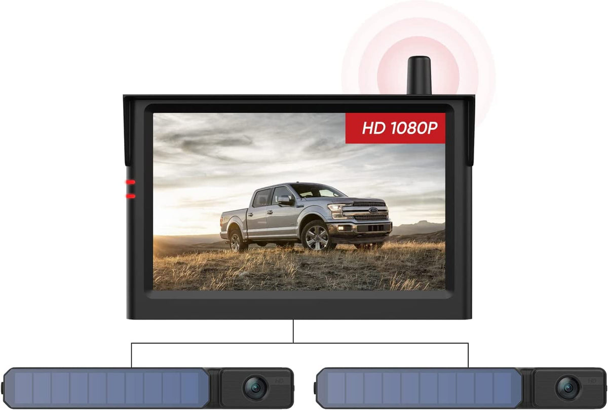 Foxpark  1080P Solar Wireless Backup Camera Kit with 2 cameras, 5 inch Monitor Back Up Camera Systems with IP69K Rear View Camera for Car, Truck, Van, RV