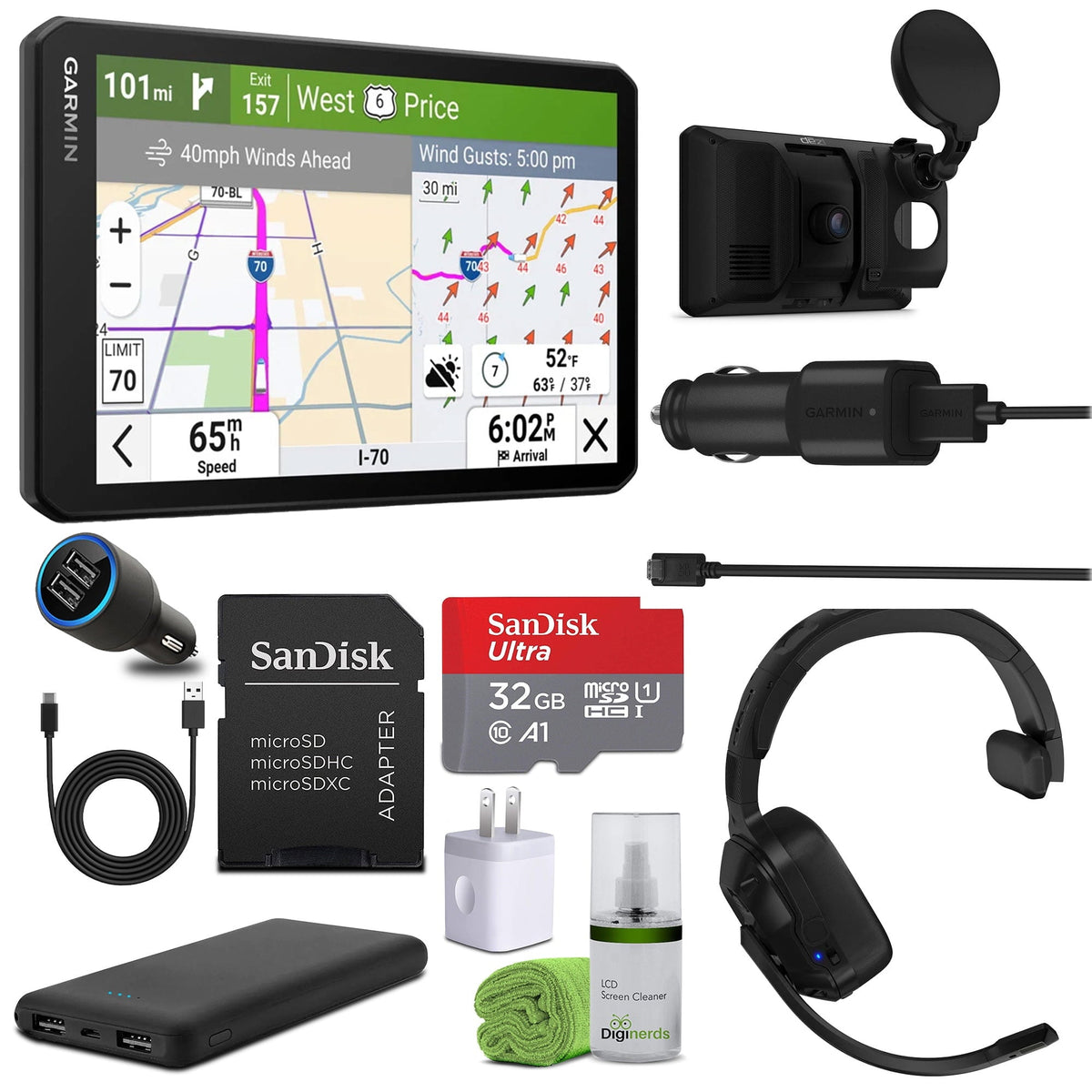 Garmin Dezl Cam OTR725 GPS Truck Navigator with Dash Cam 7Large Panel Touchscreen with dÑÔzl Headset 110 Premium Trucking Headset + More