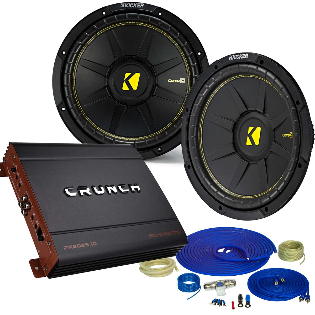 Kicker 2 12Comp Subwoofers and a Crunch PX2000.1D 2000 Watt Max Amp + Amp wire kit Package