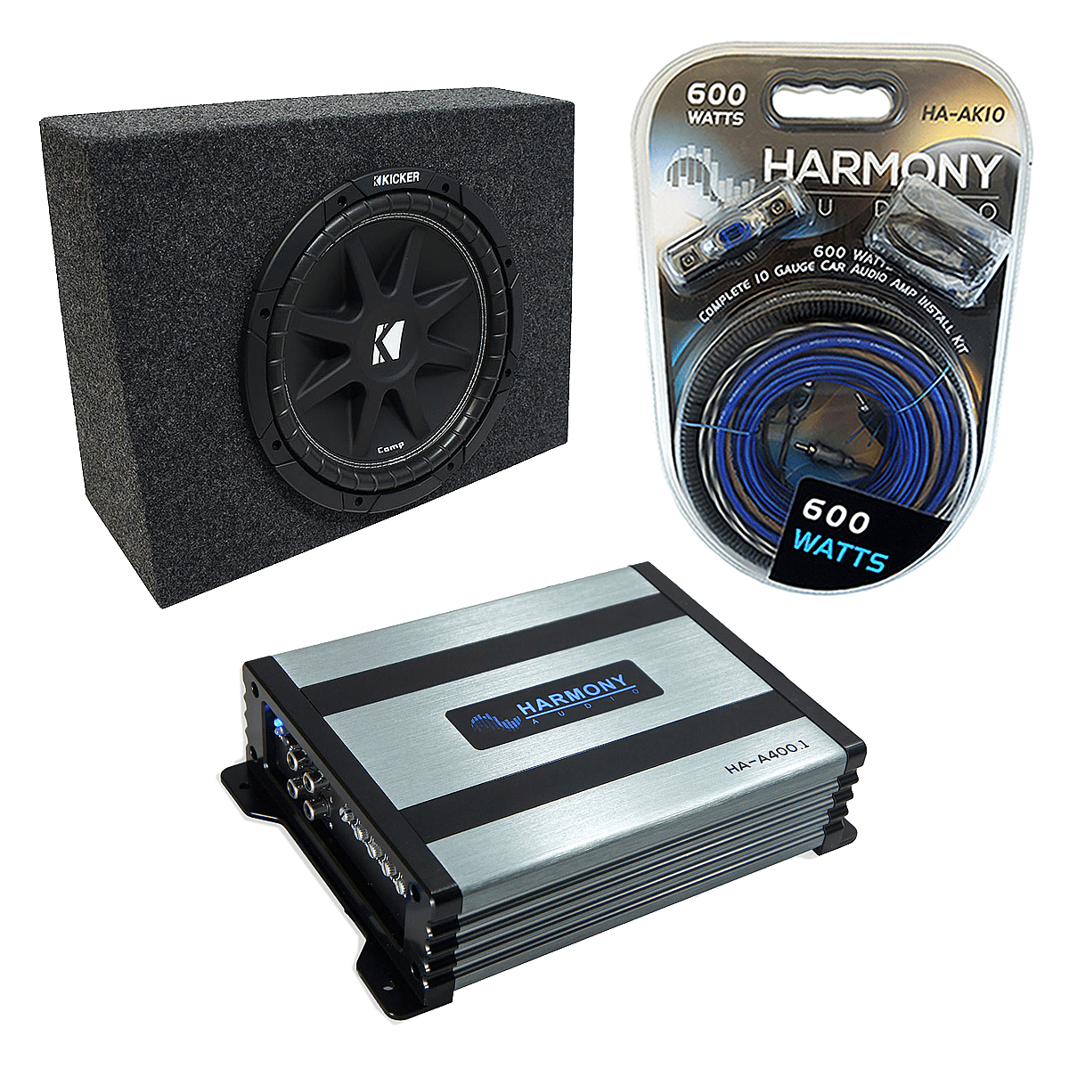 Kicker 10Car Subwoofers, Enclosure Bundle W/ HA-A400.1 Amp, Black
