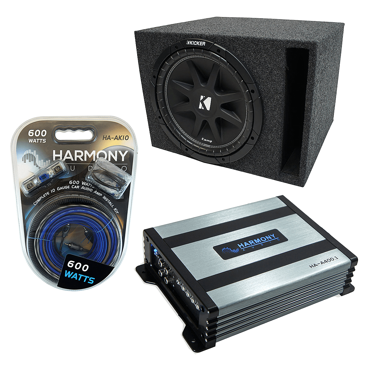Kicker C10 Subwoofer Single 10Ported Sub Box Enclosure Bundle W/ HA-A400.1 Amp