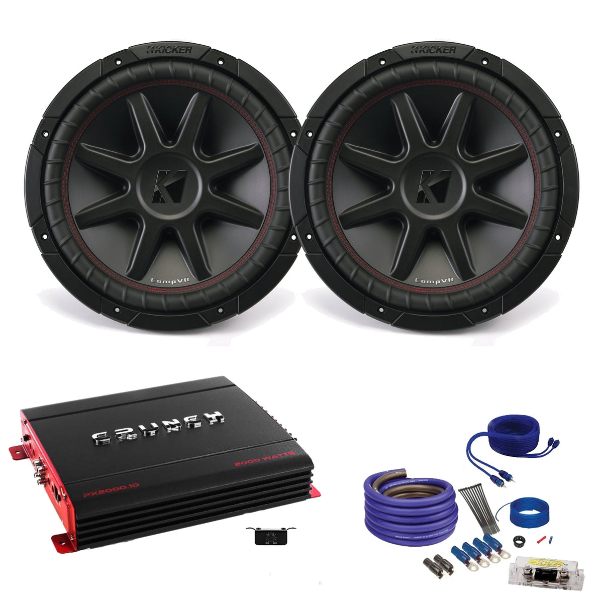 Kicker CVR104 10 Bundle with Crunch PX2000.1D 2000 Watt Max Mono Amp, Wire Kit