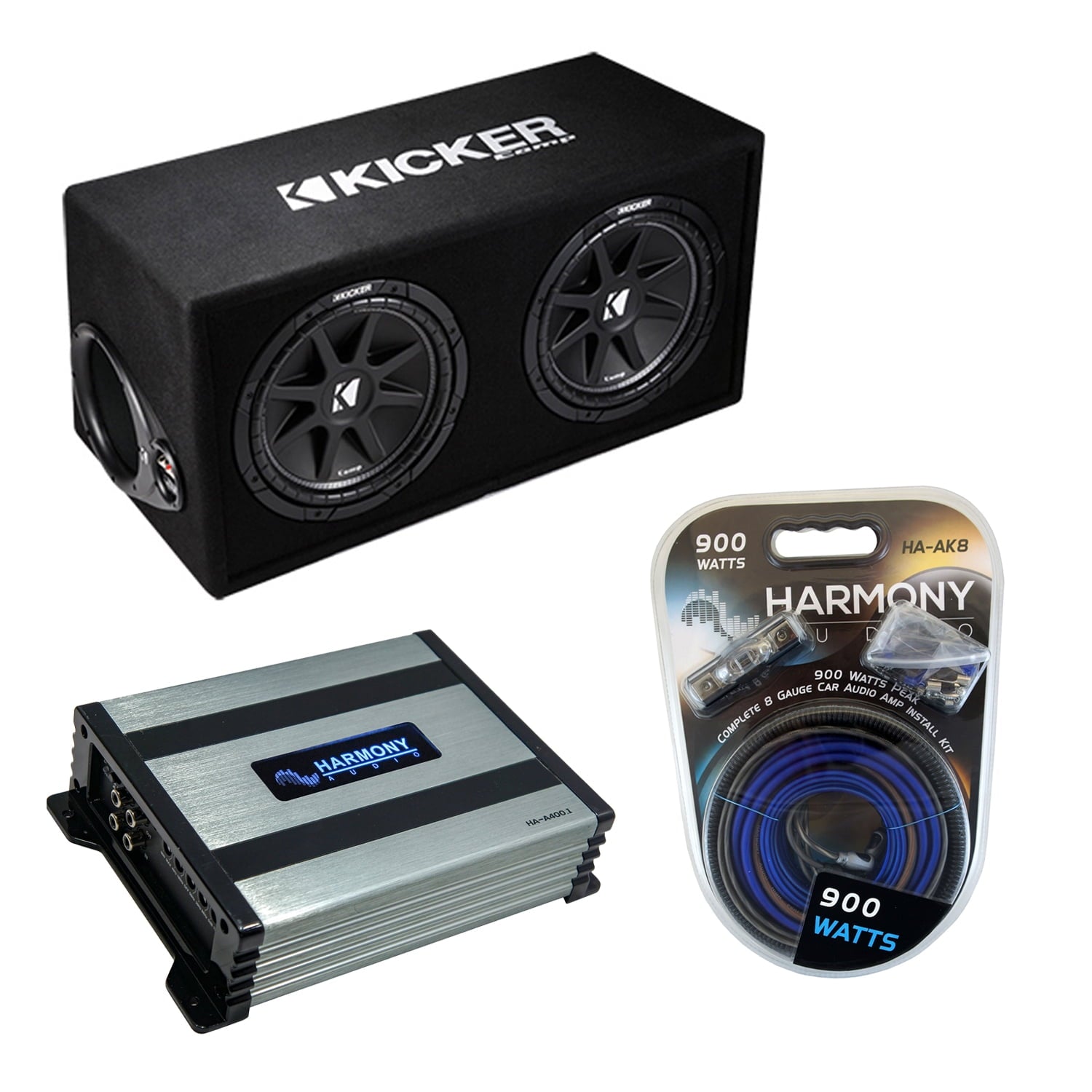 Kicker 12Car Subwoofers with Harmony HA-A400.1 Amplifier Amp Kit, Black