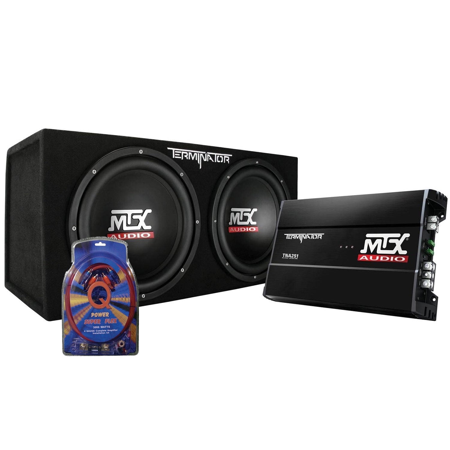 MTX 12Dual Loaded Car Subwoofer w/Sub Box, Amplifier, & QPower Wiring Kit